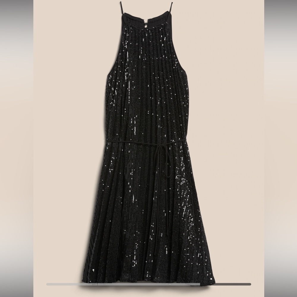 Black sequin pleated mini dress with tie waist - Banana Republic- Small Tall
